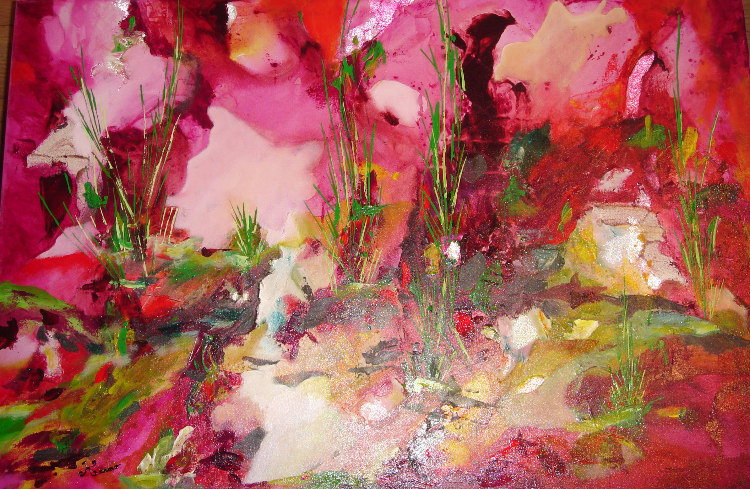 Paysage en magenta tableau #1, 36x24 po tech. mixtes
