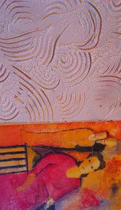 Dame en rouge en pâte à craqueler